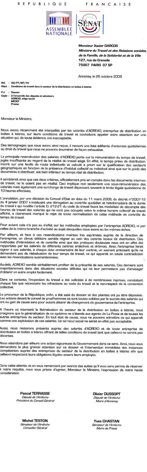 courrierdeputeanonay Syndicat FO au service des salariés d'ADREXO - LETTRES DES DEPUTES DE L'ARDECHE AU MINISTRE DU TRAVAIL