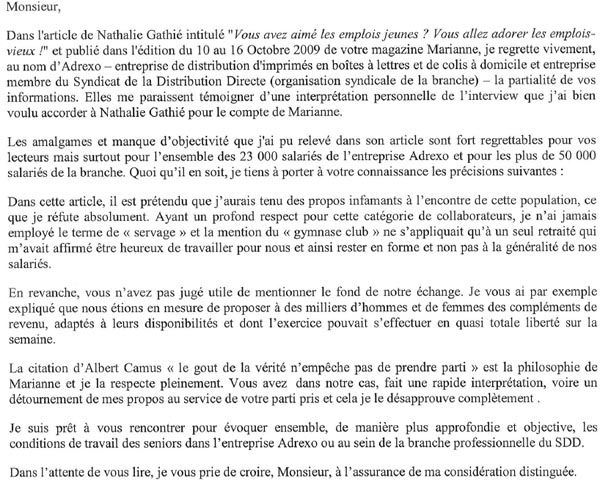 courrierpons Syndicat FO au service des salariés d'ADREXO - LA REPONSE DU PRESIDENT A MARIANNE