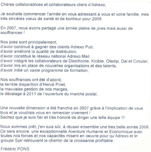 voeuxpons2008 Syndicat FO au service des salariés d'ADREXO - LES VOEUX DU DG